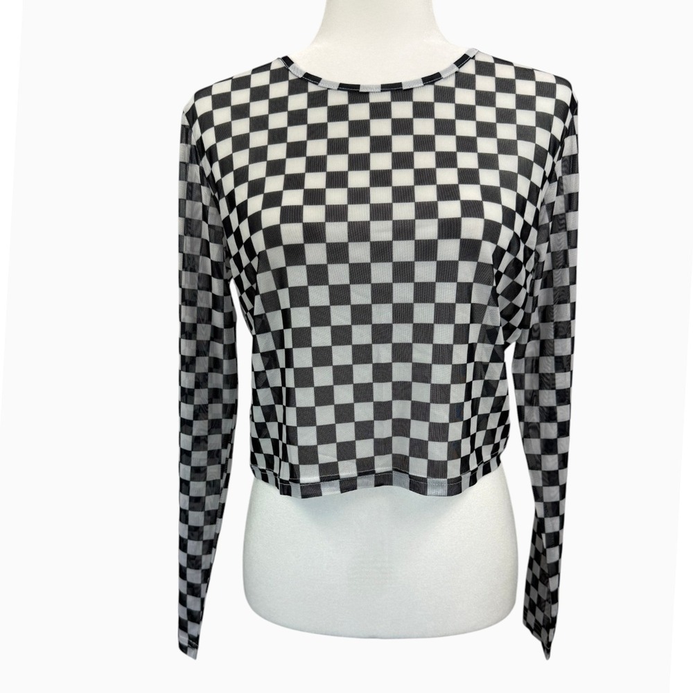 Women's L Black White Checkerboard Sheer Mesh Long Sleeve Crop Top Y2K - Picture 1 of 5